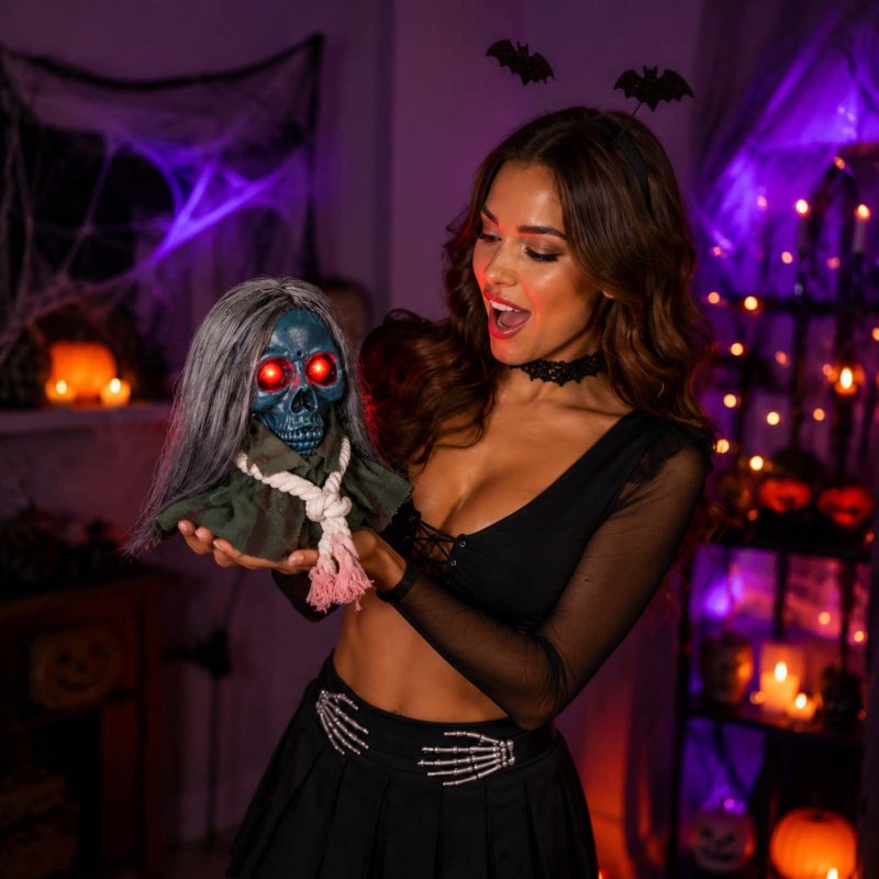 Halloween Moving Skull Head Prop with Long Hair, Creepy Hanging Skeleton Decor - Blue Variation
