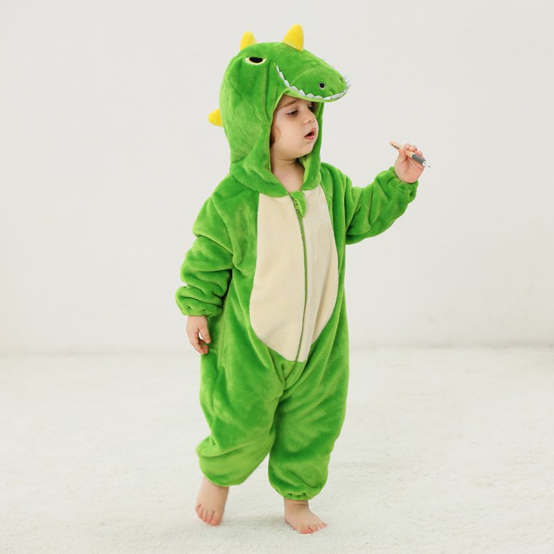 Unisex Animal Cosplay Romper for Kids - Soft Flannel Jumpsuit, 2-3T, Green
