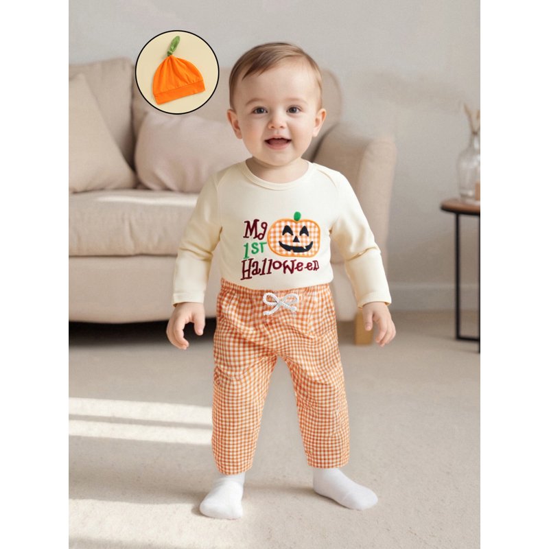 Baby Boy Halloween Outfit Apricot C Letter Pumpkin Embroidery Romper Set 6-12 Months
