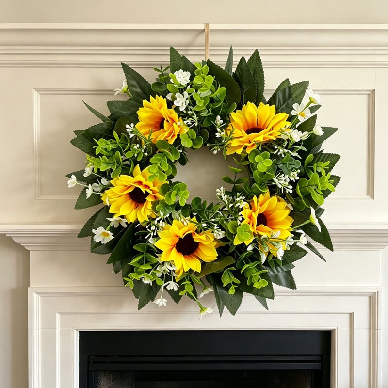 Sunflower Wreath Artificial Flower Door Decor Spring Summer 14 Inch - Variation 720-1-14