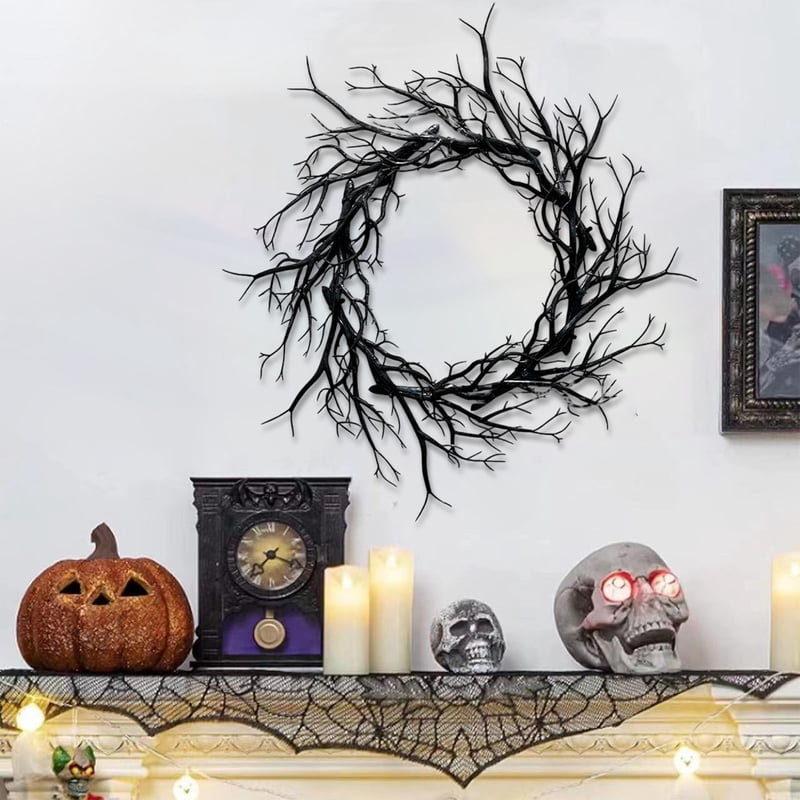 Halloween Wreath - 18 Inch Black Bare Branch Gothic Decor with Bats - Variation B