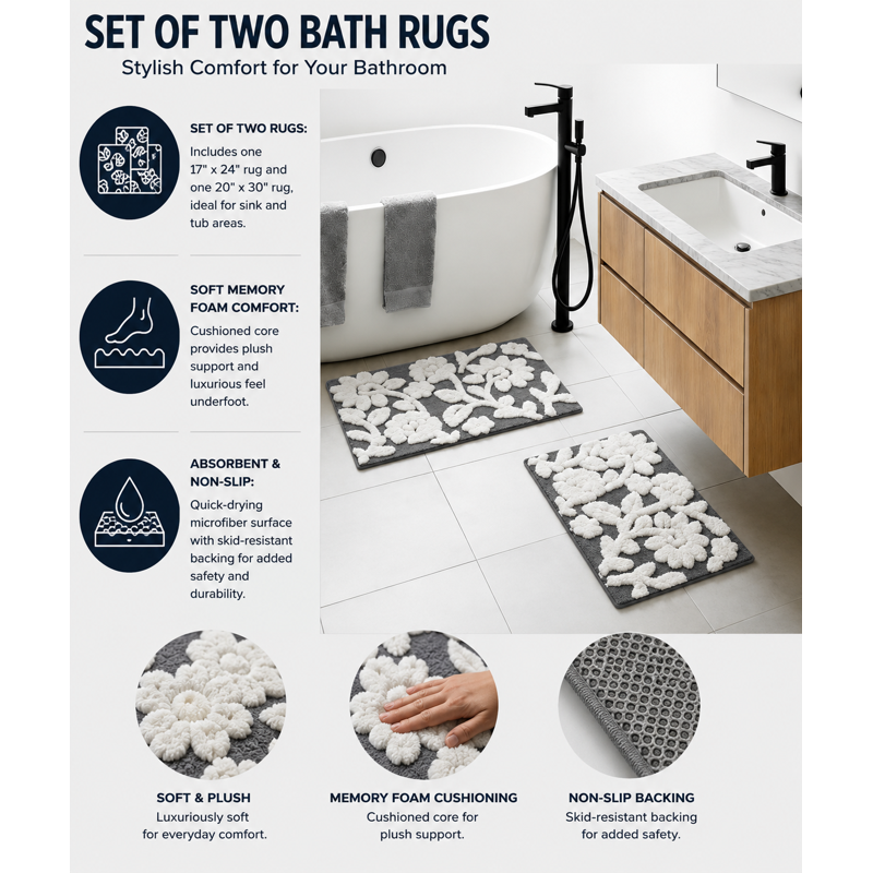 Grey Floral Bath Rug Set - 2 Piece Bathroom Mat Set, 17 x 24 & 20 x 30