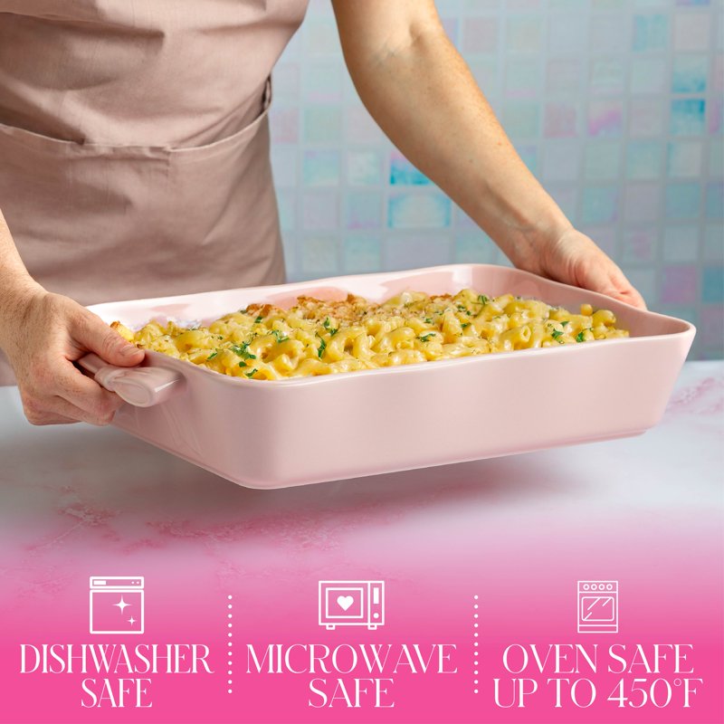 Ceramic Stoneware Lasagna Baker - 13 x 9 Inch, Pink with Bow Handles