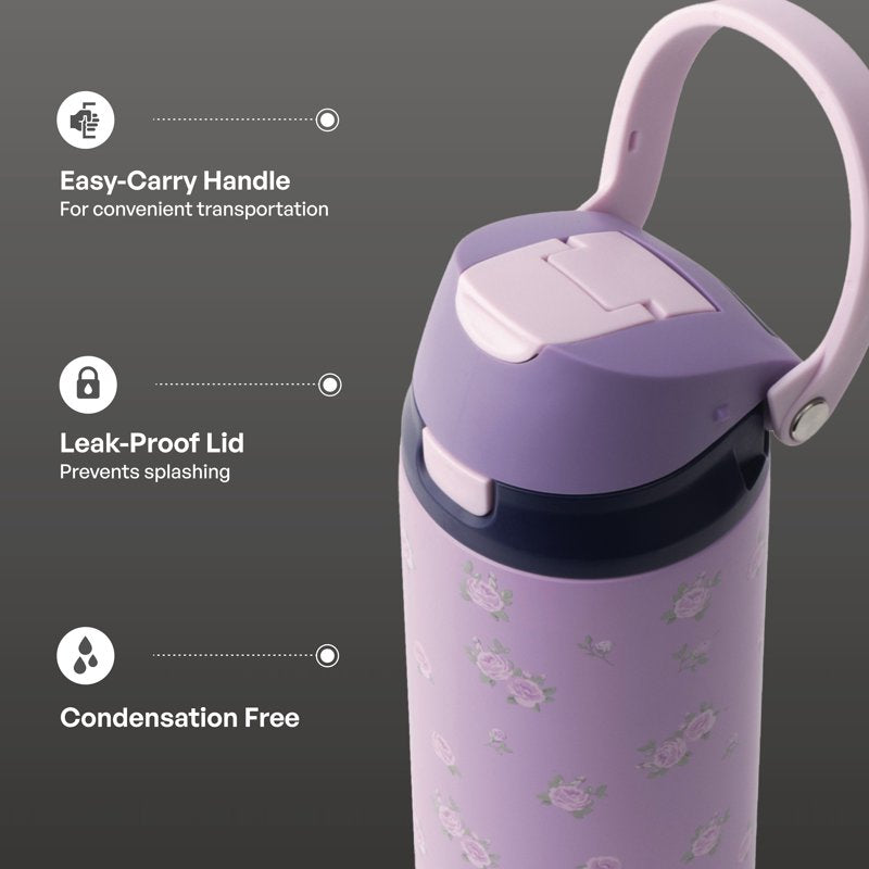 24oz Stainless Steel Water Bottle with 2-in-1 Lid - Purple Flowers