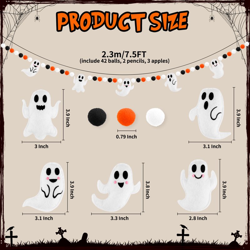 Halloween Ghost Banner Garland 6.6Ft Felt Spooky Decor for Party & Indoor Outdoor Use