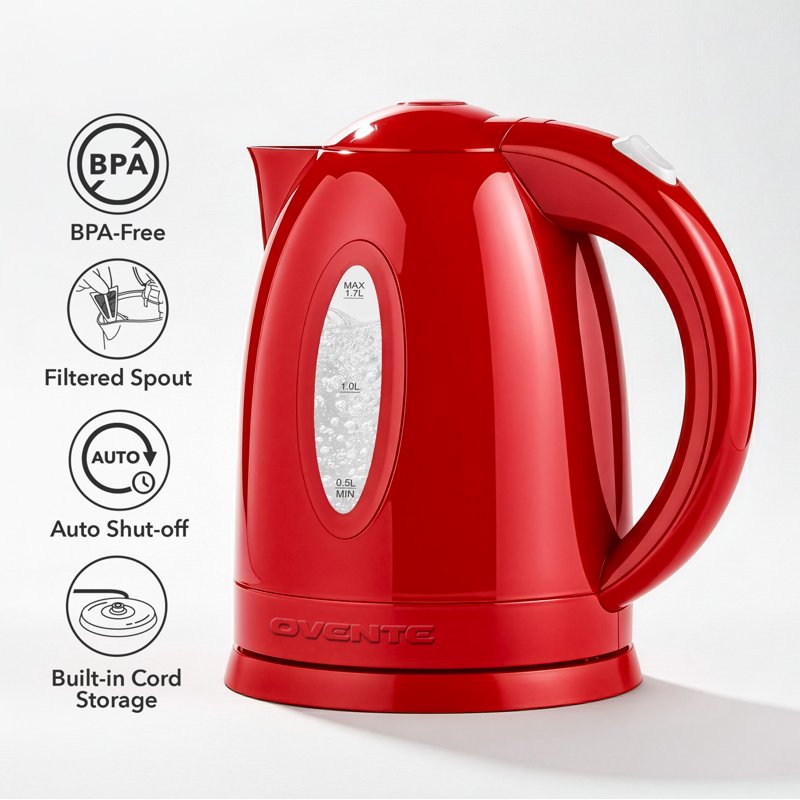Electric Kettle 1.7L - 1100W Fast Boiling, Red - BPA-Free