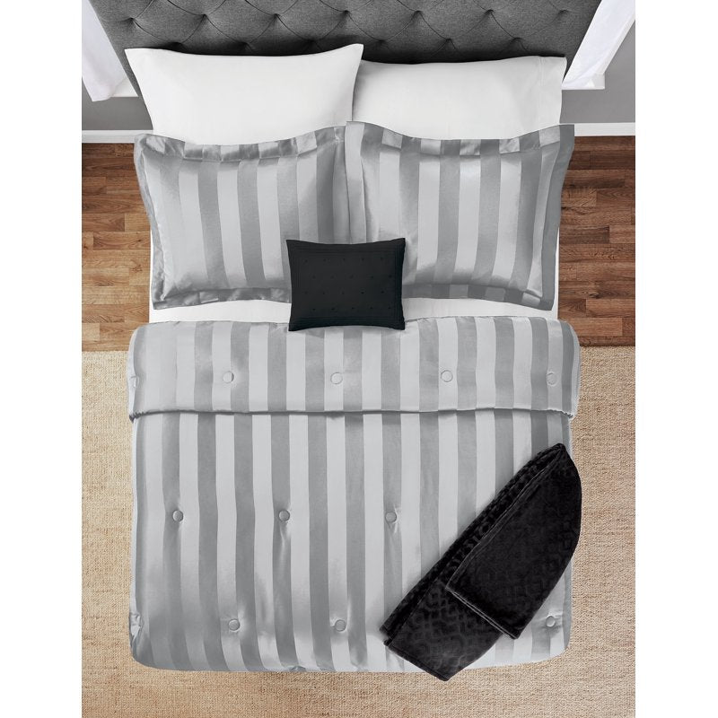 Mainstays 5-Piece Damask Stripe Comforter Set - Full/Queen, Silver