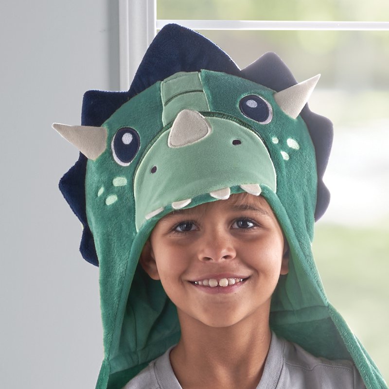 Kids Dinosaur Hooded Throw Blanket - Glow-in-the-Dark Teal Dinosaur Design, 40x50 Inches
