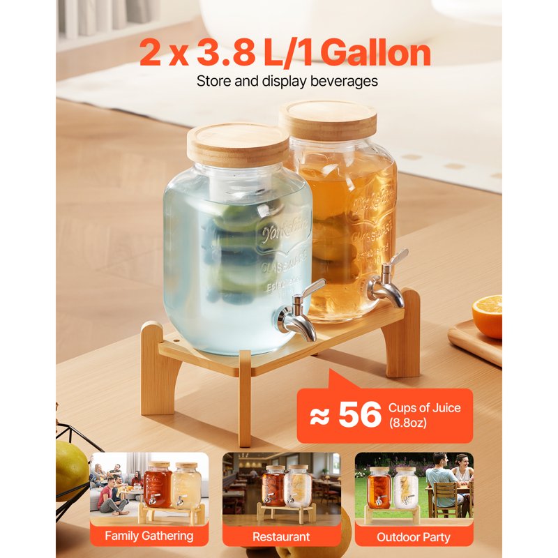 2 Pack 1 Gallon Glass Beverage Dispenser with Wooden Stand & Spigot