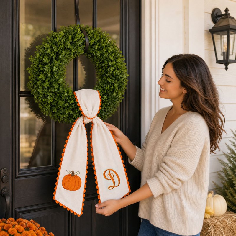Pumpkin Embroidered Wreath Sash - Fall & Thanksgiving Decor, Orange Scalloped Ribbon - D Variation