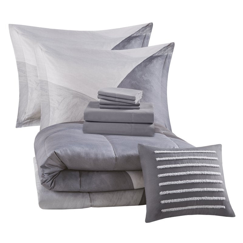 King 10-Piece Bed in a Bag Comforter Set with Sheets - Grey Multi