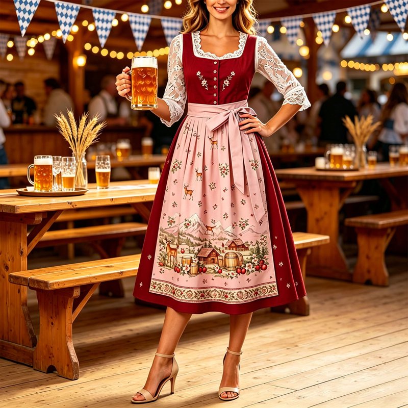 Women's Oktoberfest Dirndl Dress with Beer Mug Print - Multicolor M