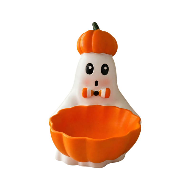 Halloween Ghost Candy Bowl with Pumpkin Hat - 017 Variation - Resin Spooky Party Decor
