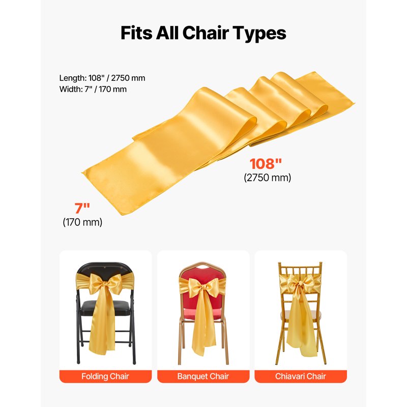 100PCS Satin Chair Sashes - 7x108 Inch Gold Wedding Bows