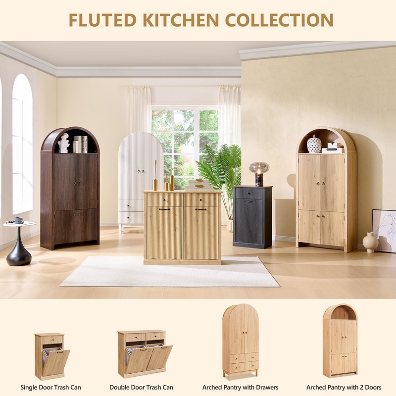 Fluted Arched Pantry Storage Cabinet - 71" Tall, Natural