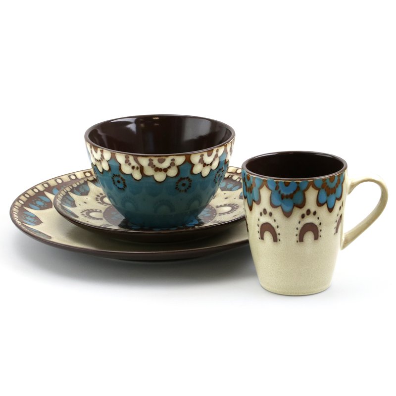 16-Piece Round Stoneware Dinnerware Set - Tan & Blue