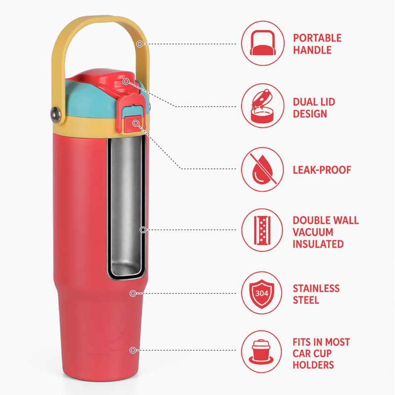 30oz Vacuum-Insulated Stainless Steel Tumbler with Dual Lid - Coral