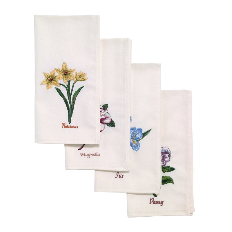 Botanic Garden Set of 4 Ivory Napkins - Embroidered Floral Design