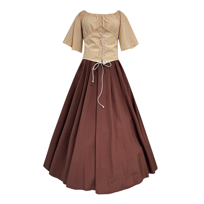 Plus Size Medieval Renaissance Costume for Women - Beige Ruffle Over Dress with Corset