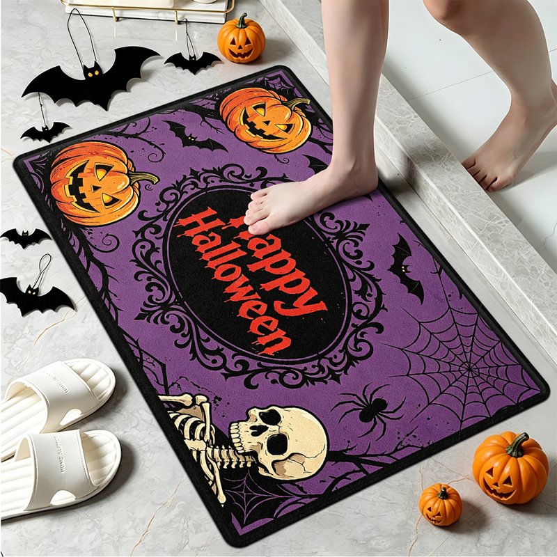 Halloween Pumpkin Lanterns & Flannel Floor Mat 2-Piece Set - Non-Slip Bathroom Entryway & Kitchen Rugs - Variation of THIS Listing