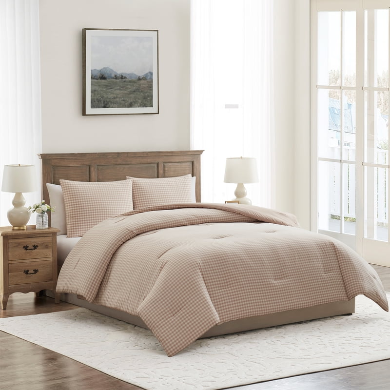 My Texas House Taupe Gingham Cotton Comforter Set - Full/Queen