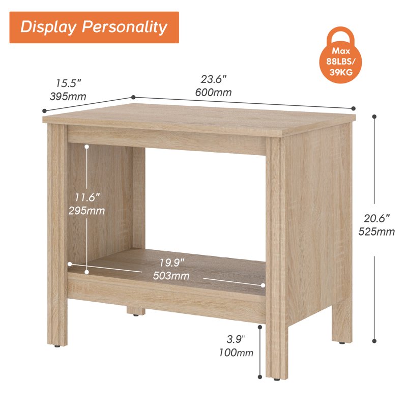 Wooden End Table with Storage Shelf - Oak Finish