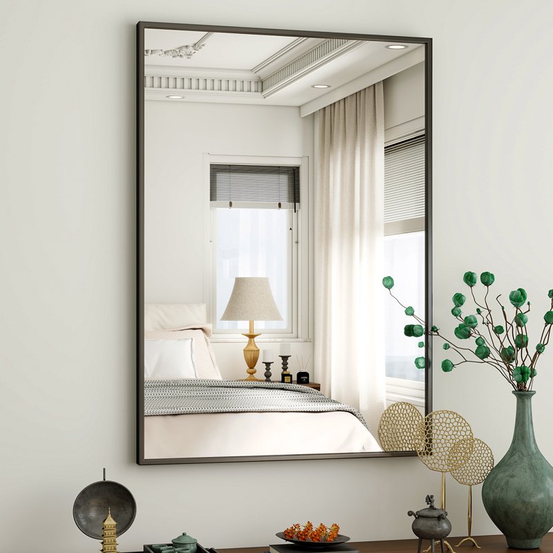 Rectangular Bathroom Wall Mirror 38x26 Inch Black Vanity Mirror with Aluminum Frame - Easy4Home