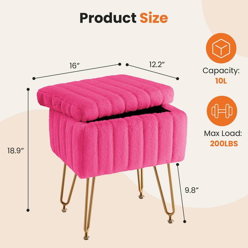 Ottoman Vanity Stool Chair with Storage - Rose Red Faux Fur
