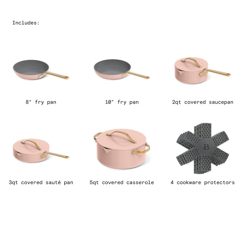 12-Piece Ceramic Nonstick Cookware Set with Strainer Lids - Rose