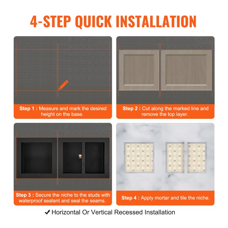 Tile-Ready Shower Niche - 16x16 and 16x20 Inch Wall Recessed Shelves, Triple Waterproof, Black