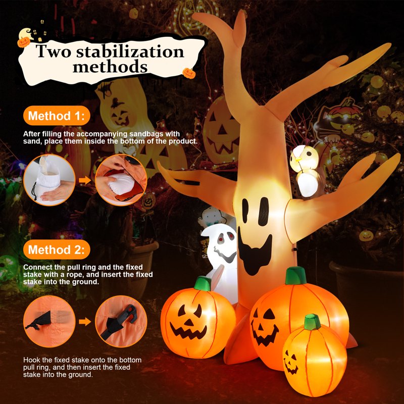 8FT Halloween Inflatable Dead Tree with LED Lights, Yard Decorations with Pumpkins Ghost & Owl