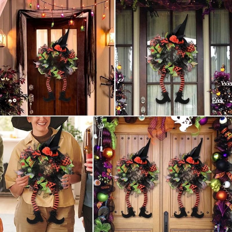 Halloween Wreath 29.5 Inch Witch Decor with Hat Pumpkin Witches Legs Door Front Porch Indoor Outdoor