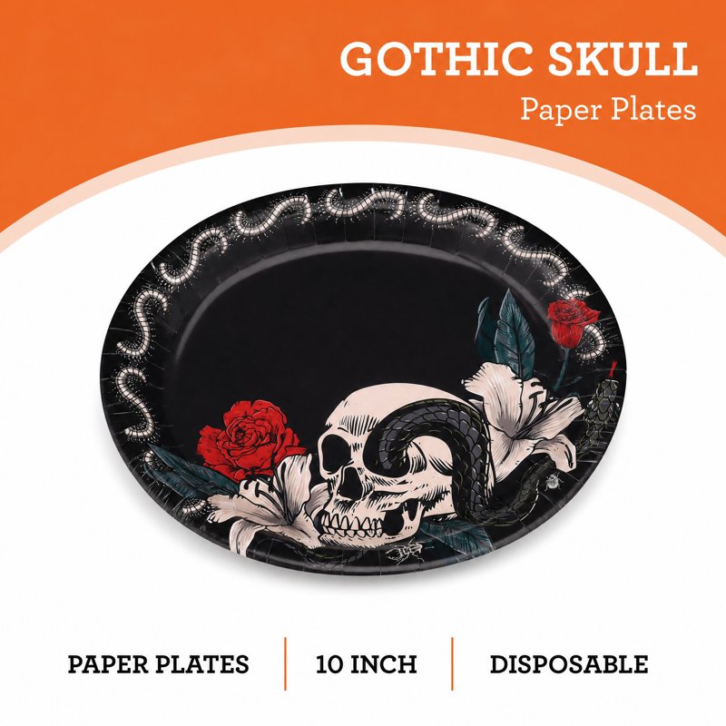 Halloween Skull and Roses Oval Disposable Paper Plates - 12 Inch, 8 Pack