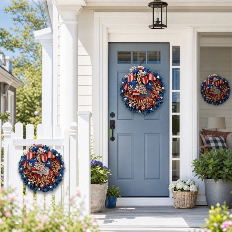 4th of July Patriotic Wreath for Front Door - Independence Day Decor - Variation 0D