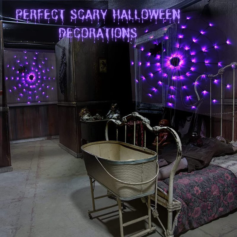 Halloween Spider Web String Lights - 70 LEDs, Purple, 8 Modes, Battery Operated