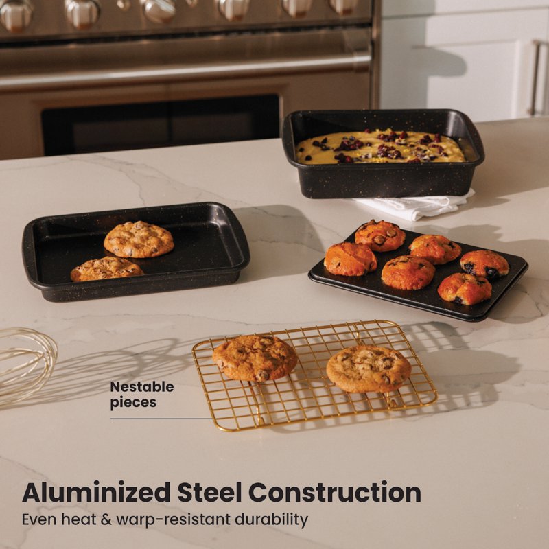 4-Piece Non-Stick Toaster Oven Bakeware Set - Black & Gold