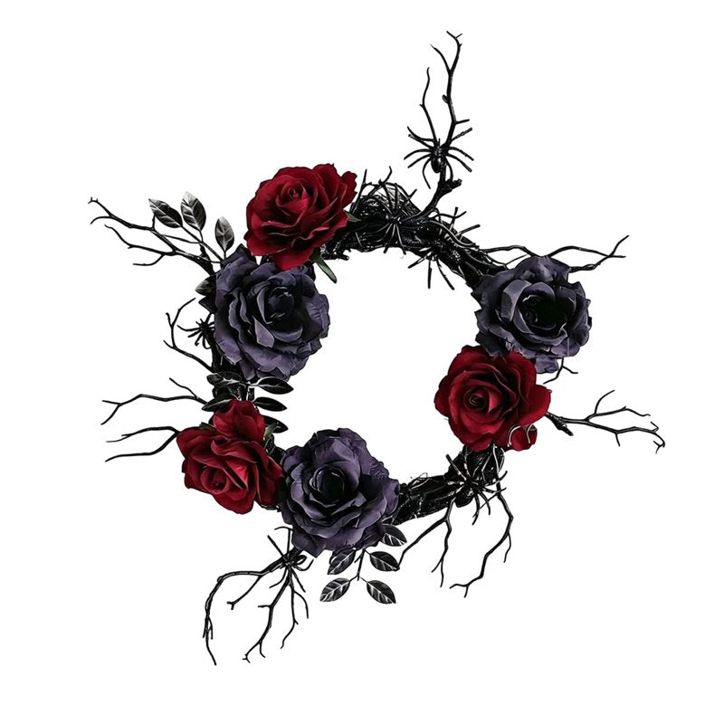 Halloween Wreath with Red Roses - 12 Inch Gothic Fall Door Decor, Bats & Skulls