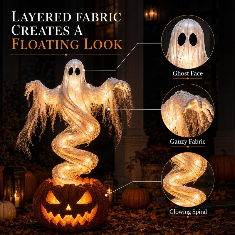 Swirling Ghost Pumpkin Yard Lamp - Outdoor Rotating Porch Decoration - Variation 1