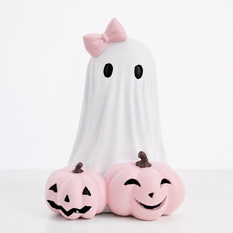 Girls Ghost Night Light Resin Halloween Figurine - White & Pink #361
