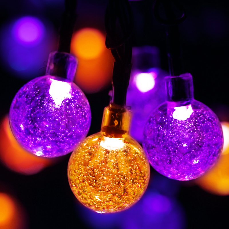 Solar Halloween String Lights Outdoor 35.6ft 60 LED Globe Lights - Orange & Purple, Waterproof, 8 Modes