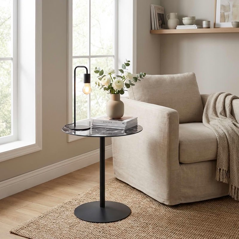 Compact 17.5 Inch Round Tulip Side Table - Marble Glass Top