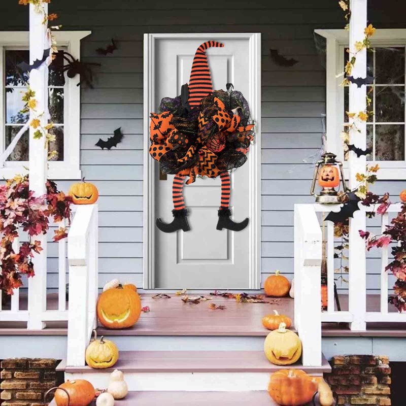 Halloween Wreath for Front Door with Witch Hat Legs - Indoor Outdoor Decoration - Variation 1-B