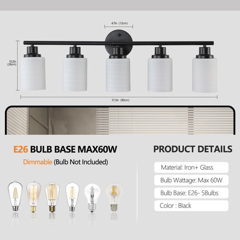 Black 31-Inch Modern 5-Light Vanity Bathroom Wall Sconce - Frosted Glass, E26