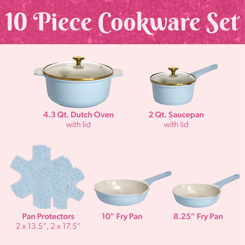 10-Piece Ceramic Nonstick Cookware Set - Blue with Heart-Shaped Knobs
