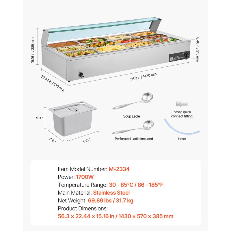 1700W Electric Food Warmer - Stainless Steel Steam Table with Glass Lid