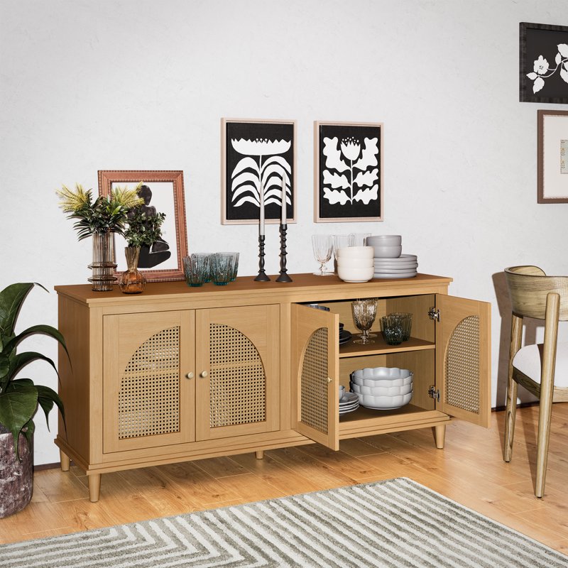 4-Door Rattan Buffet Sideboard Cabinet - Warm Honey Finish