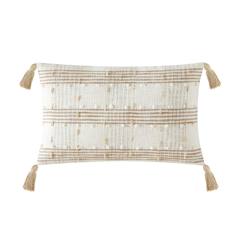 Oblong Decorative Pillow 14x24in Beige Plaid Cotton with Poly Fill - 2 Pack