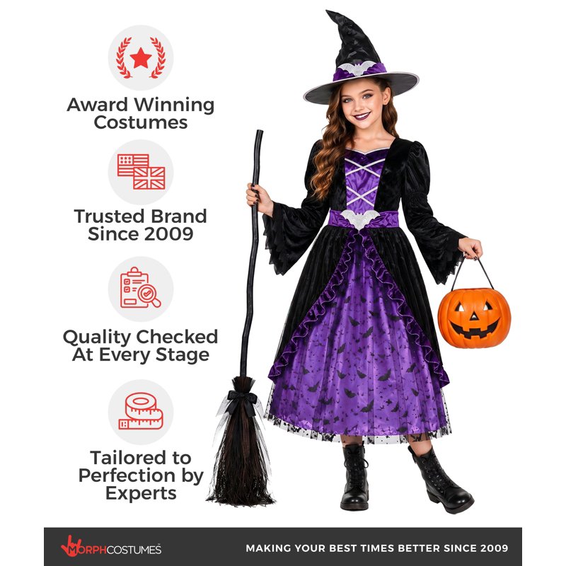 Kids Witch Costume Hat - Morph Deluxe Girls Purple & Black Fancy Dress M