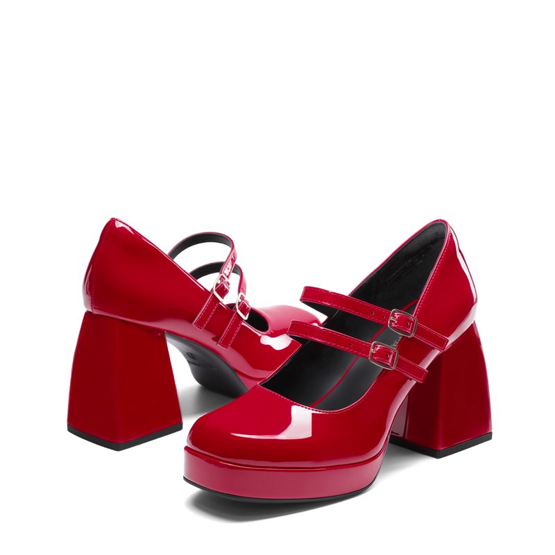 Red Women's Y2K Double Strap Platform Mary Jane Heels with Square Toe & Chunky Heel - Size 9.5