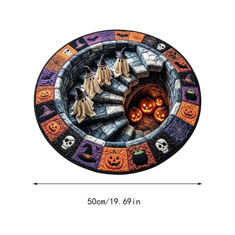50cm Halloween Optical Illusion Round Rug with Ghosts and Pumpkins - Non Slip Doormat